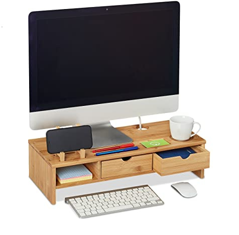 Relaxdays Support d’écran PC en Bambou, 2 tiroirs, casier Rangement, rehausseur d’Ordinateur, HLP 13x54x23 cm, Naturel