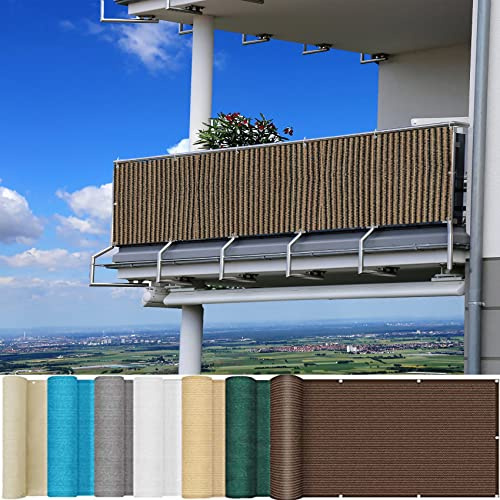 Biombo para Balcón Barandilla 90 x 200 cm Bloque UV 95% Revestimiento de balcón con Bridas Ojales y Cuerda para Balcón Jardín, Gris Pardo