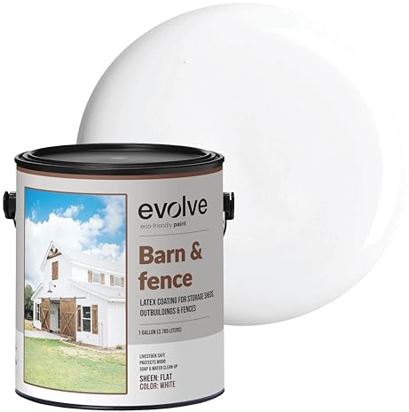 EVOLVE Barn & Fence Paint, Flat (White), 1 Gallon – Durable Scratch-Resistant Wood Coating for Outbuildings & Fences, Fast-Dry Water-Based Formula