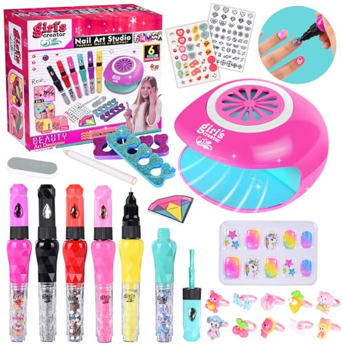 JONRRYIN Salón de uñas para niños y niñas, juego de 33 regalos para niñas, diseño de uñas para niños, máquina de maquillaje, salón de uñas, arte de uñas para 6, 7, 8, 9, 10, 11, 12 años