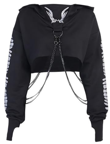 YINGWIN Goth Grunge Punk With Chain Black Hoodies Goth Streetwear Long Sleeve Hole Pullover Cropped Tops Streetwear E Girl Sweatshirt