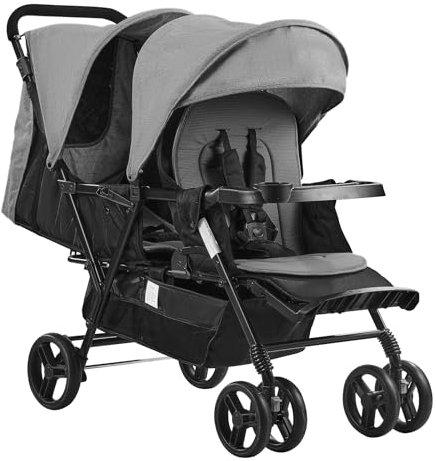 VEVOR Geschwisterwage, faltbarer, Zwillingskinderwagen mit Tandemsitz, verstellbarer Rückenlehne/Fußstütze, Sicherheitsgurt, Aufbewahrungskorb und Tablett, für Neugeborene und Kleinkinder (dunkelgrau)