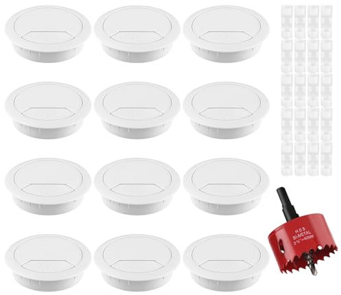 GHVACZS 12 Stück Kabeldurchführung Schreibtisch, Rund 60mm Kabeldurchlass, Kunststoff Kabeldurchführung Tisch, Kabelauslassdose mit 1 Lochsäge und 20 Halteklammer für Schreibtische (Weiß)