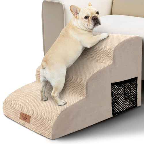 Pawchop 3-Step Dog Steps for Sofa & Bed, Curved Non-Slip Pet Stairs, Beige | Waterproof Washable Cover, Gentle Slope Pet Ramp, High Density Foam, Support Up to 23kg for Small Injured Pets, 60Dx40Wx40H