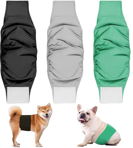Dalephoric 3 Pièces Couches pour Chiens Male Lavable, Bandes Ventrales Réutilisables, Taille L, Tour de Taille 50-62cm, Couche Chien Male, Confortable et sans Fuite (Noir, Vert, Gris)
