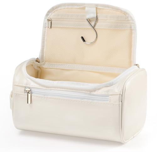 Leather Toiletry Bag, Etercycle Hanging Wash Bag PU Travel Toiletry Bag Waterproof Bathroom Bag for Men and Women Travel Makeup Organizer (White)