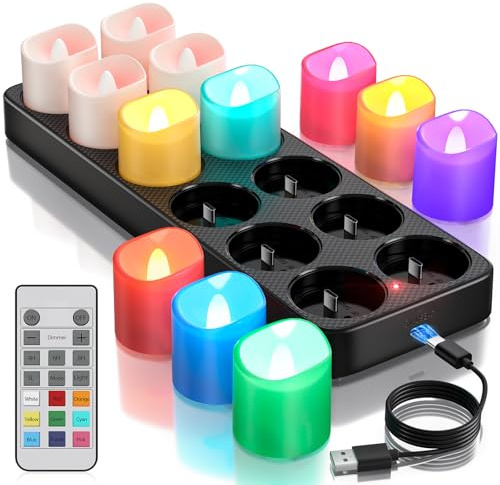 Yme Velas de Té LED Recargables USB con Base de Carga, 12 Piezas Vela LED Efecto Llama Velas Electricas Decorativas con Mando a Distancia para Halloween Navidad Fiesta Hogar Cara Decoración - RGB