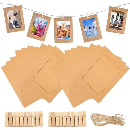 REBECCAGIBSON 20 pezzi Cornici di Carta per Foto DIY, Cornice Portafoto in Kraft 11,5 x 15,5 cm, colore marrone, con clip di legno e corda di canapa, per decorazioni