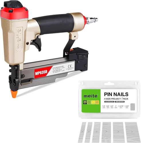 meite MP635B Pneumatic Air Pin Nailer with 23 Gauge 6,000 Pieces Pin Nails (12m, 15mm, 19mm, 25mm, 30mm, 35mm), Compressed 23 Gauge Pin Nailer, Fits 12-35 mm Pin Nails, Ideal for Paneling, Small Trim