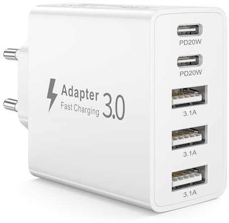 USB C laddare 50 W, multi-USB-kontakt med 5 portar (2 USB-C PD 20 W och 3 USB-A), snabbladdare multiport USB-adapter C USB-laddare block för iPhone 17 16 15 14 13, Samsung, surfplatta