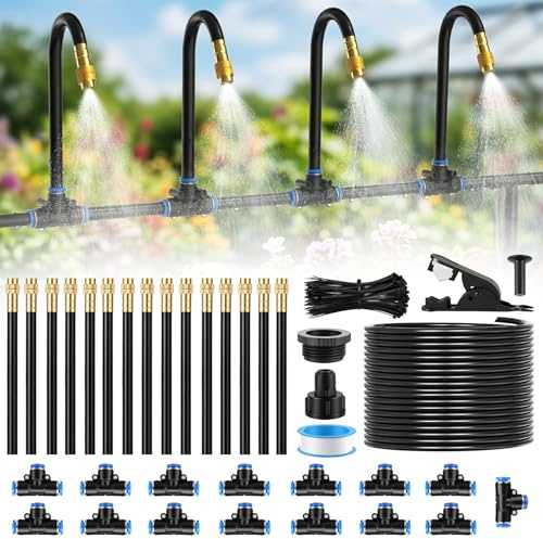 YAOBLUESEA Kit de Riego Automático Aspersión y Goteo 360°, Boquilla de Latón Ajustable, Manguera 15m, 15 Puestos, Fácil Instalación para Jardín Balcón