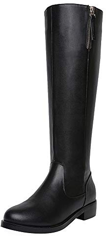 ANUFER Mujer Elegante Cuero de Microfibra Rodilla Alta Botas Bloque de Tacón Cremallera Lateral Negro Botas de Correr SN020740 CN42=EU40.5