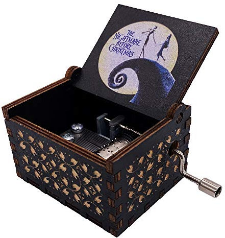 Youtang Halloween Christmas Music Box Hand Crank Musical Box Carved Wood Musical Gifts for Christmas,Birthday,Valentine's Day,Mother's Day,Play This is Halloween(White-Black)