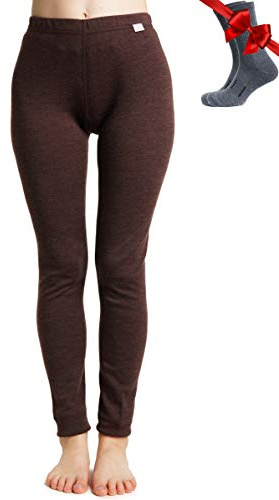 100% Merino Wool Base Layer Womens Leggings, Thermal Underwear + Wool Socks (Small, Chocolate 250)