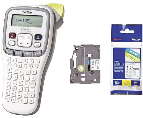 Brother PT-H105 Beschriftungsgerät (für 3,5 bis 12 mm breite TZE-Schriftbänder, bis zu 20 mm/Sek. Druckgeschwindigkeit) & TZe-231 P-Touch Schriftband (12mm breit, 8m lang, u.a.) schwarz auf weiß