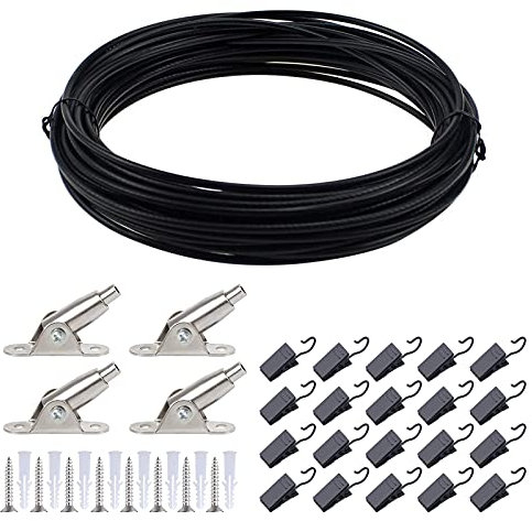 Kit Cable de Acero Plastificado Inoxidable 10m, Lampara Cuerda Cable Recubierto, Cuerda Cuerda Tendedero, Alambre para Cercados, con 20 Abrazaderas, para Cortinas, Foto Etc (Negro)