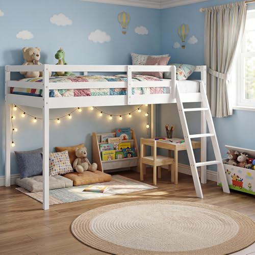 Panana Loft Bunk Bed with Stair, 3FT Single Bed Frame Wood Cabin Bed for Kids (White, 01 Type)