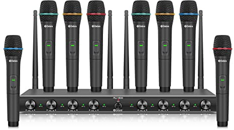 Sistema Micrófonos Inalámbricos UHF Debra, 8 Canales, 8 Mano, Receptor Metal, Sin Interferencias, para Karaoke e Iglesias