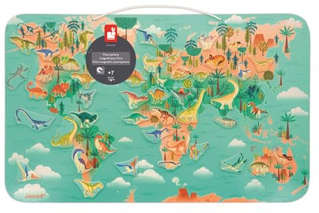 Janod - Magnetische Dino-Weltkarte - 50 Dinosaurier-Magnete + 1 Platte + 1 Vorlagenposter - Lernspiel für Kinder - Ab 7 Jahren, J05836