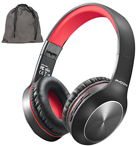 Rydohi Bluetooth Headphones Over Ear, 68H Playtime and 3 EQ Music Modes Wireless Headphones with Microphone/Deep Bass, HiFi Stereo Foldable Lightweight Headset for PC Home Travel Office(BLACK-RED)