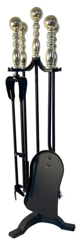 Set di 5 accessori per caminetto in metallo, con manico in ottone, include supporto, spazzola, pinze, attizzatoio e pala, altezza 61 cm, set bruciatore a legna, accessori per caminetto
