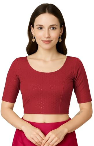 Jaanvi mode dam rund hals bomull dobby lycra armbåge ärm färdig sari blus