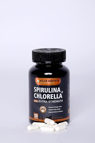 Comprimés de spiruline et chlorelle biologiques, 120 gelules 100% Vegan de (250 mg de Spiruline pure Malysia et de 500 mg de Chlorelle), haute teneur en phycocyanine, sans OGM ni gluten