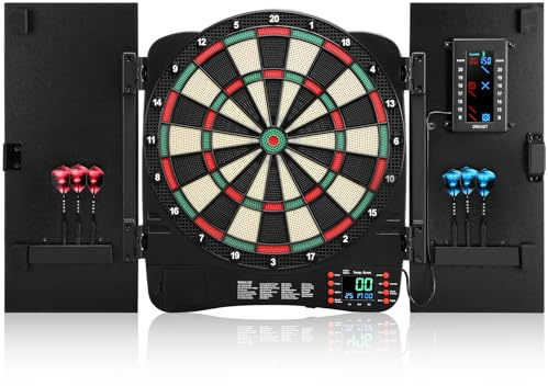 Electronic Dartboard Cabinet, Digital Soft Tip Dartboards with LED Scoreboard, Dart Board Set with 40 Games 420 Variants, 6 Darts, 100 Tips