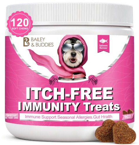 Bailey & buddies ITCH-FREE Allergy Relief Chews for Dog - 120 Soft Chews with Omega-3 and Probiotics - Soothe Itchy Skin, Paws, Ears -Seasonal Allergy Support for Scratching, Itching and Hot Spots