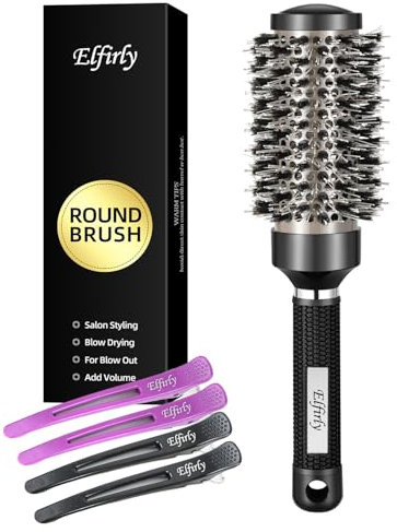 Elfirly Round Brush for Blow Out, Ionic Tech Thermal Ceramic Round Styling Hair Brush with Boar Bristles, for Blow Drying, Curling Hair, Adding Volume (Barrel 1.7 inch, 2.9 inch with Bristles)