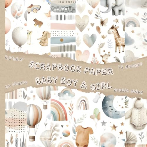 Scrapbook Paper Baby Gender Neutral in Soft Watercolors: Double sided baby gender neutral themed scrapbook paper with 12 designs and 24 sheets. Size 8.5” x 8,5”.
