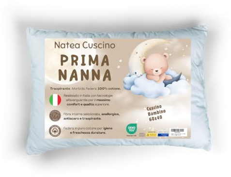 Natéa Cuscino Bambino 2 Anni con Federa 100% Cotone Traspirante e Antiacaro certificato OEKO-TEX® 100, Cuscino Lettino Bambino per Asilo e Culla, per bimbi di 2, 3 e 4 Anni (40x60x4 cm)