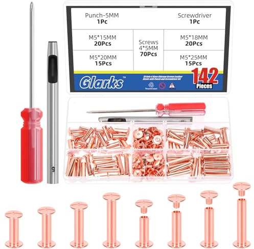 Glarks 142 st M5 x 15/18/20/25 mm lädernät skruvar set, inklusive 70 st roséguld bältesskruvar, 70 st korsskruvar, 1 st skruvmejsel, 1 st stansning för reparation läderhantverk, bokbind