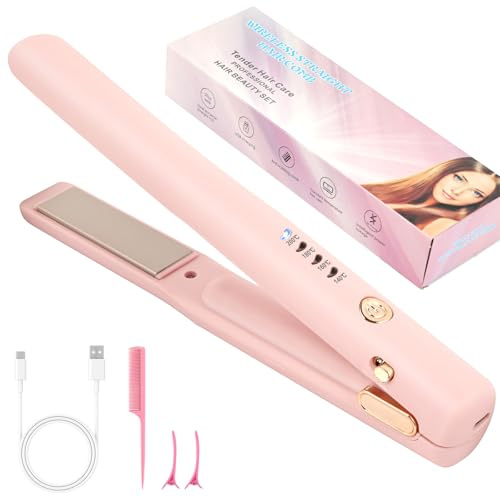 Alaoo Piastra per Capelli, Portatile Piastra da Viaggio per Capelli 2 in 1, Piastra Senza Fili Ricaricabile Usb con Temperature 4 Livelli, per Stili Ricci e Lisci(Rosa)