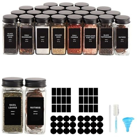 FARYODI 24 fyrkantiga kryddburkar med lock och tillbehör, 120 ml, 340 etiketter, kryddburkar med tratt, tomma klistermärken, sil