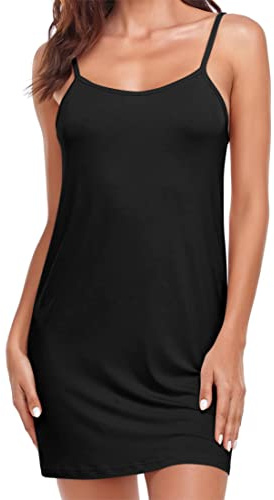 Zephyrine Women Full Slips Dress Slip Dress Chemise Nightgown Cami Slip Mini Dress (Black, Large)