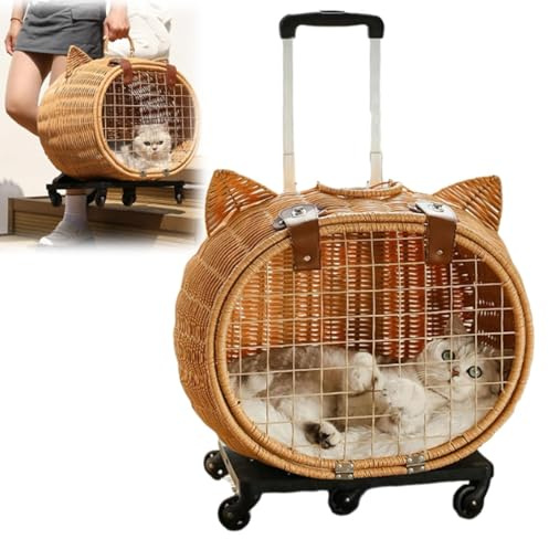 Cat Stroller Dog Carrier with Wheels, Rattan Design, Telescopic Handle for Medium Animals, Ideal for Daily Walks, Shopping, Travel, Picnic, and Camping