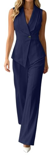 Tailleur Donna Eleganti Estiva Due Pezzi con Gilet Senza Maniche e Pantaloni Dritti Completo Donna Elegante Cerimonia Suits Formale Curvy per Festa Lavoro Ufficio e Occasioni Importanti,Navy,XXL
