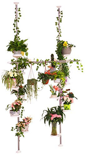 Hershii Teleskop Pflanzenständer mit 12Stück Blumentöpfe Halter 2Stück Pflanzenaufhänger und 1Stck Spannstange Hängender Blumenkorb Verstellbarer Blumenregal Blumenständer für Indoor-Garten bis 290 cm