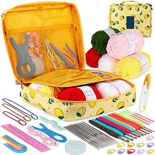 Coopay Kits de Ganchillo para Adultos Principiantes, Incluye 21 Ganchos de Metal Ergonómicos de 0,6 mm a 6 mm, Accesorios de Tejido y Estuche de Limón, Juego de Tejido con Lana y Agujas