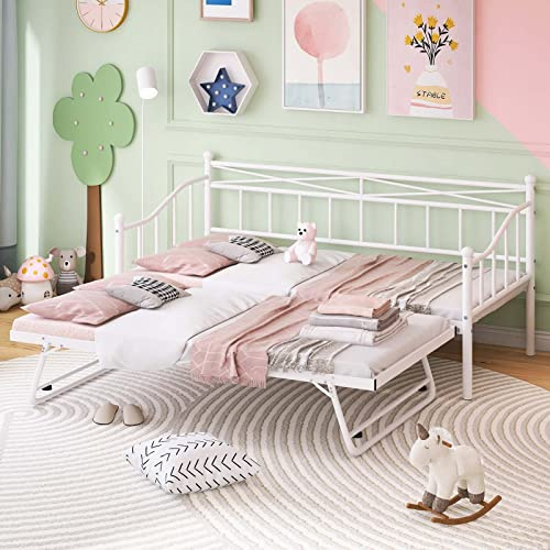 Twin Size Metal Sofa Bed with Twin Size Adjustable Casters, Portable Folding Casters, Heavy Duty Steel Frame, Metal Slatted Support, Suitable for Bedroom and Living Room (White)