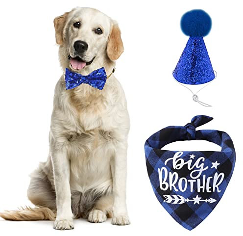 URROMA Hunde-Halstuch, Hut, Fliege, Set, Hunde-Schwangerschaftsankündigung, Hunde-Bandana, niedliche Fliege, Schal, Hundehut, Geschenk und Party-Dekoration, Blau, 3-teilig