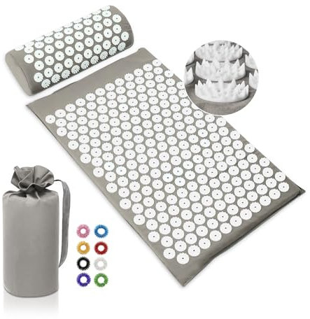 BULZEU Tappetino per agopressione con cuscino, set per agopressione contro collo e mal di schiena, tappetino per agopuntura, tappetino da massaggio per rilassamento e massaggio, con 8 palline da