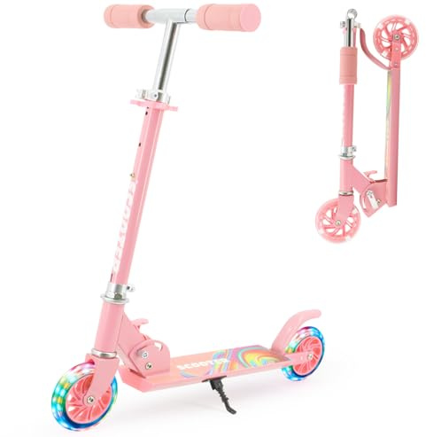 TENBOOM Scooters for Kids 5-7, Max Load 220 LBS, Foldable Lightweight Kick Scooter with Light Up Wheels, Kickstand, 3 Adjustable Levels, Rear Brake, Pink