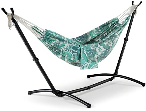 Vonhaus Hammock with Stand, Freestanding 2 Person Garden Hammock, Ibiza | Polycotton with Powder-coated Steel Frame, Storage Bag for Travel, Garden, Outdoors & Patio, Leaf Print