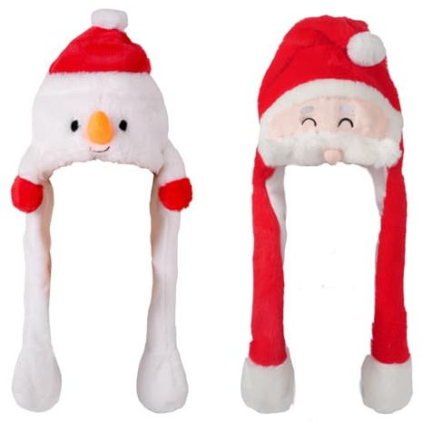 YC JILAI 2 Pieces Christmas Plush Hats Ear Moving Jumping Santa Claus and Snowman Hats for Christmas Party