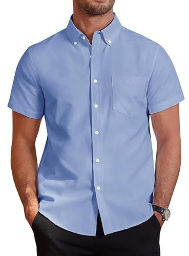 J.VER Mens Blue Shirts Short Sleeve Shirt Regular Fit Non Iron Button Down Oxford Smart Casual Business Office Work Cotton Summer Dress Shirt M