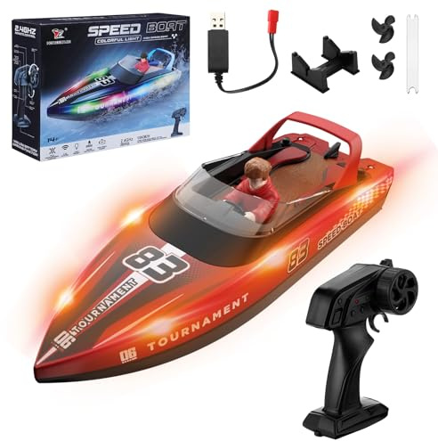 Snorthy Barco Teledirigido Barco RC con luz LED 15 KM/H Control Remoto 2,4 GHz Bote De Carreras Rápido para Niños Juguete de Piscina Bote Eléctrico para Mares Piscinas Lagos (Rojo)