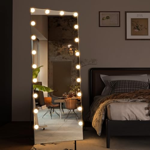 CASSILANDO Full Length Mirror with Lights, 160x50cm Floor Body Hollywood Standing Mirror, Wall Mounted Mirrors with Light, Large VanityMirror for Bedroom, 3 Color Modes (White)