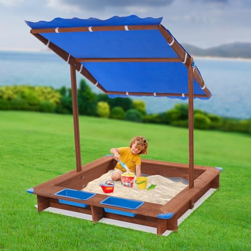 Arenero infantil de madera con cubierta, cajas de arena para el jardín, patios traseros, jardines, playas o parques infantiles, color azul, 126 x 121 x 118 cm